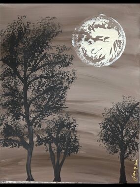 Painting Moonlit Tree Silhouette Wall Art Print - Brown and White